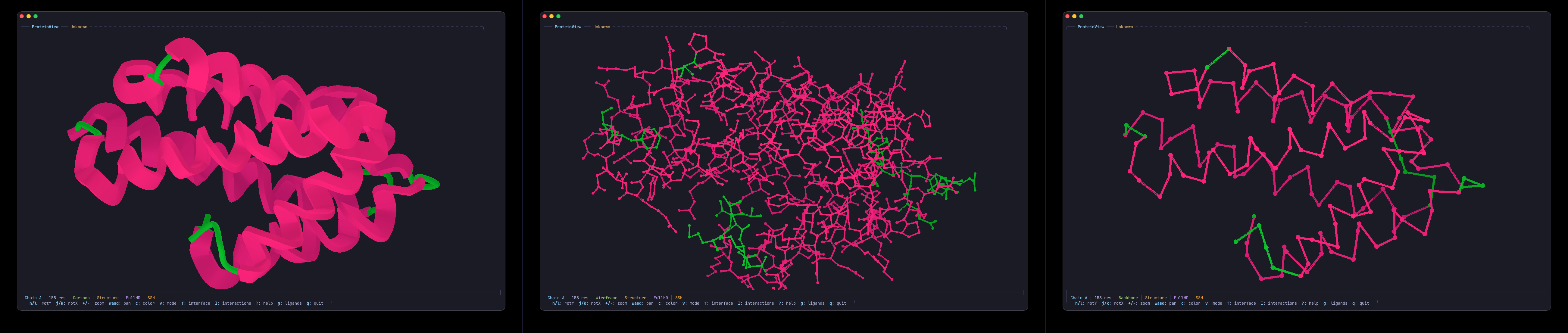 Cartoon, Wireframe, and Backbone visualization modes