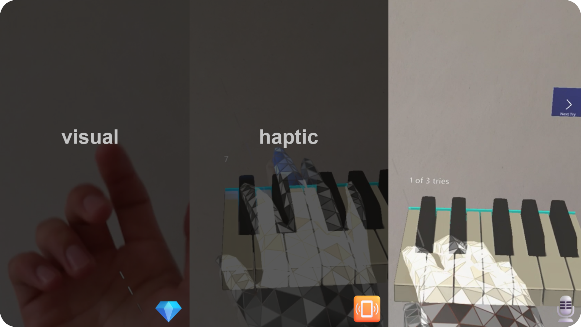 Screenshots of mixed reality piano application with haptic feedback, visual piano tutorial and piano recorder to investigate learning rate.