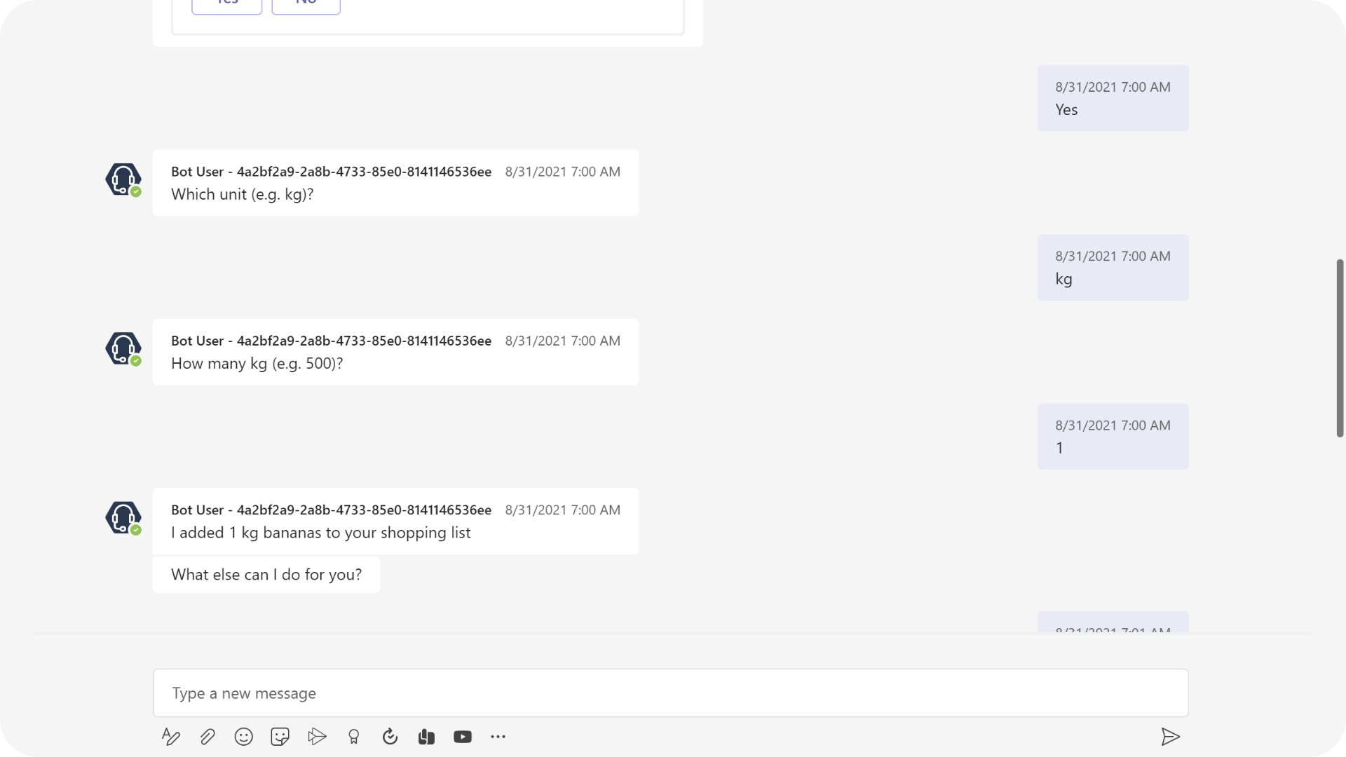 Screenshot of possible Teams chat with shopping list bot.