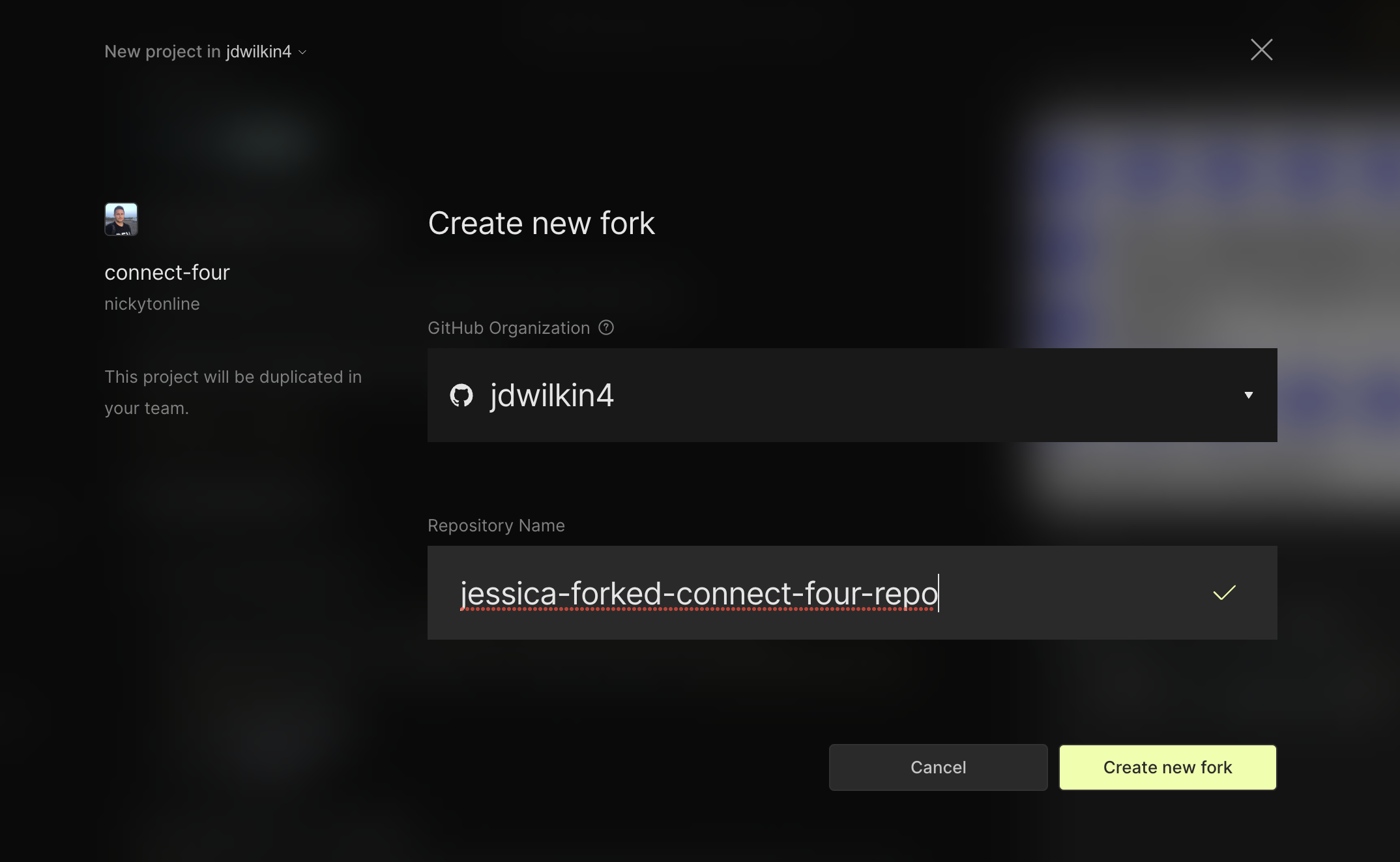 CodeSandbox create name for forked repo
